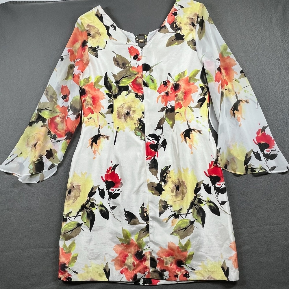 Robbie Bee Floral Sheath Dress Party Cocktail Bell Sleeve White Size 6‎